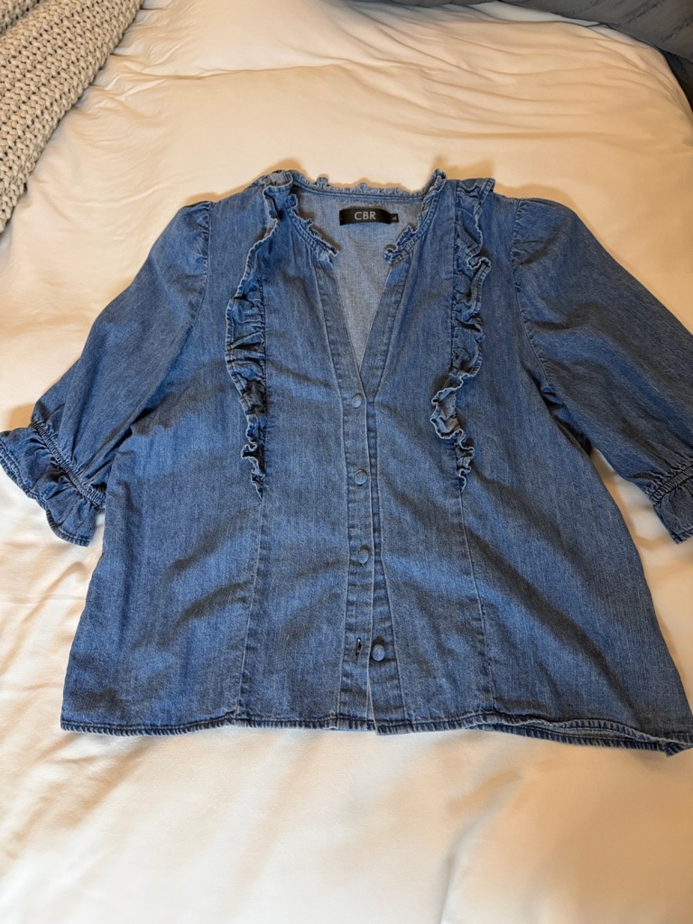 CBR Women's Denim Blue Ruffle Button-Front Shirt